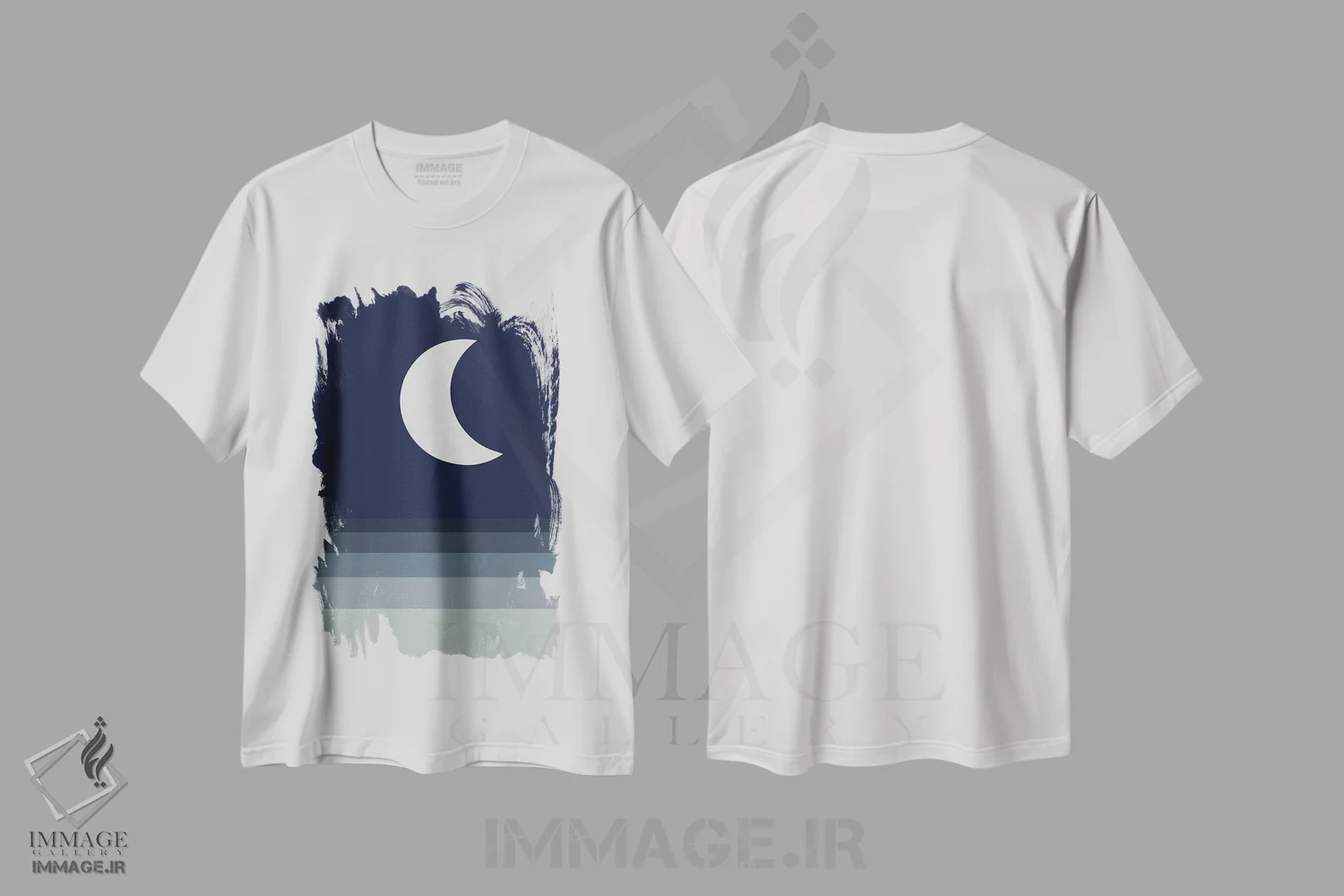 تیشرت سفید طرح دار ماه سرمه ای و سفید، آبستره اثر ام سی دیزاین لب | فروشگاه ایماژ