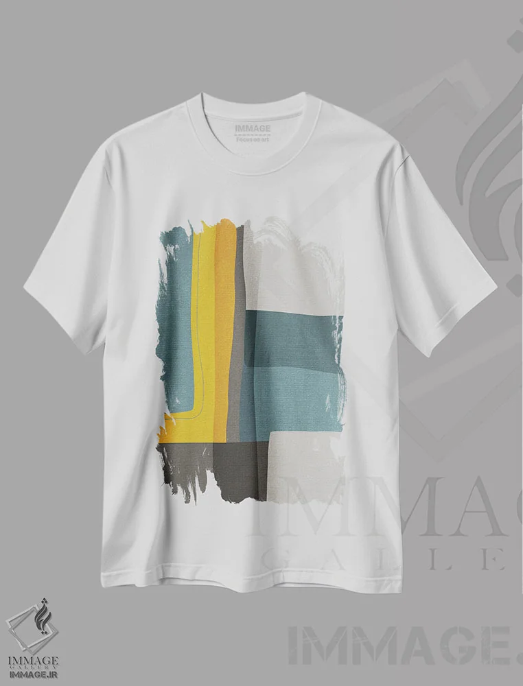 تیشرت سفید طرح دار ترکیب انتزاعی مدرن با خردلی و فیروزه ای و خاکستری ۲ اثر ام سی دیزاین لب | immage.ir
