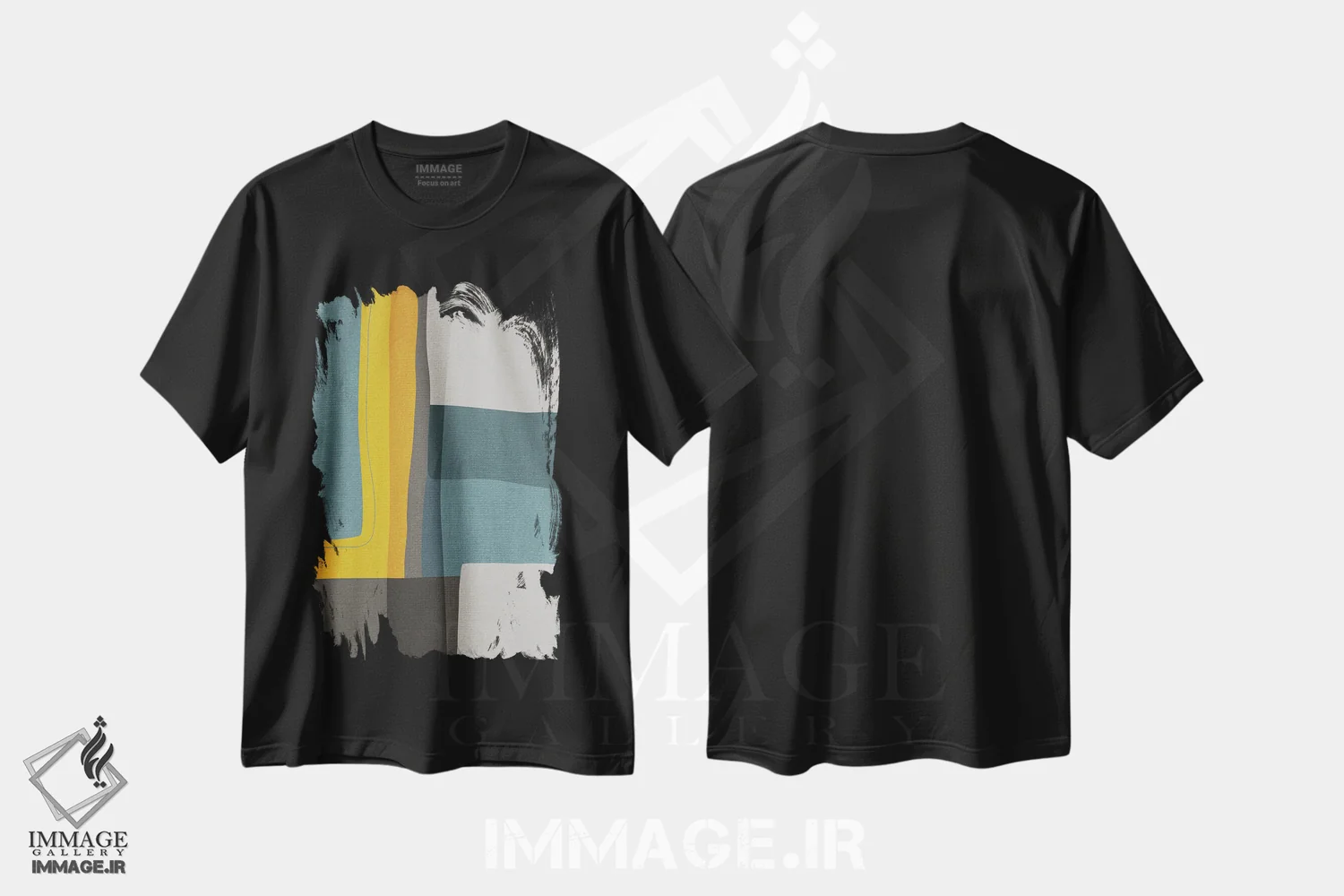 تیشرت مشکی طرح دار ترکیب انتزاعی مدرن با خردلی و فیروزه ای و خاکستری ۲ اثر ام سی دیزاین لب | فروشگاه ایماژ