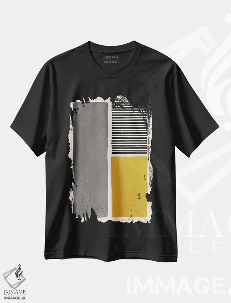 تیشرت مشکی طرح دار خطوط خردلی، خاکستری و مشکی ۱ اثر ام سی دیزاین لب | immage.ir