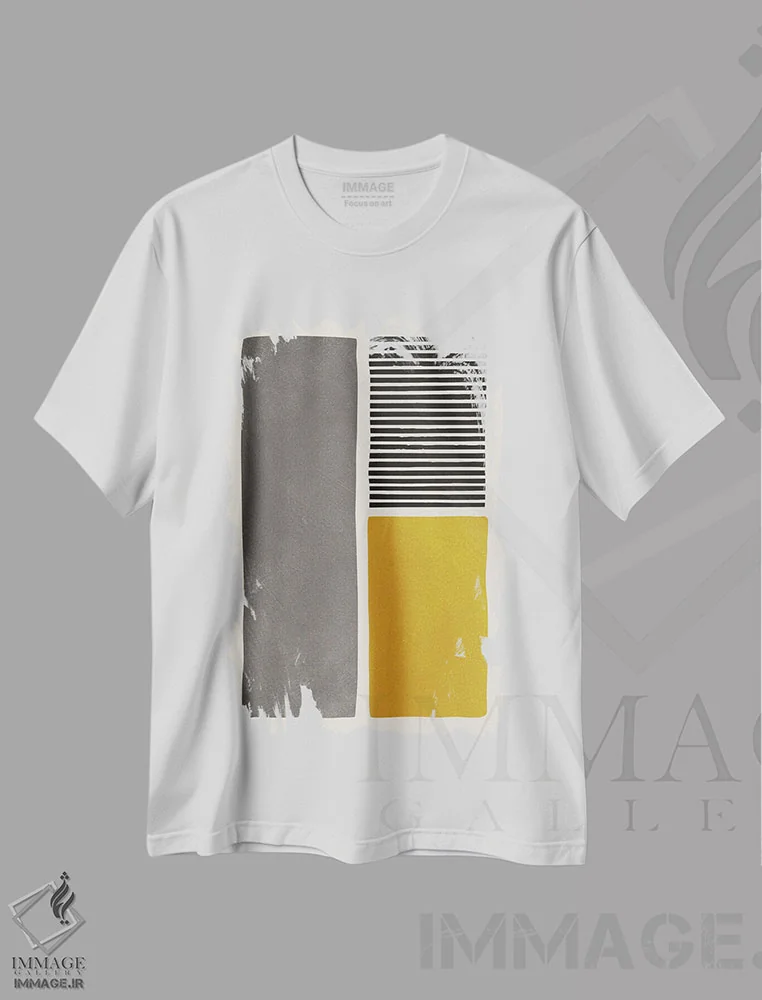 تیشرت سفید طرح دار خطوط خردلی، خاکستری و مشکی ۱ اثر ام سی دیزاین لب | فروشگاه ایماژ