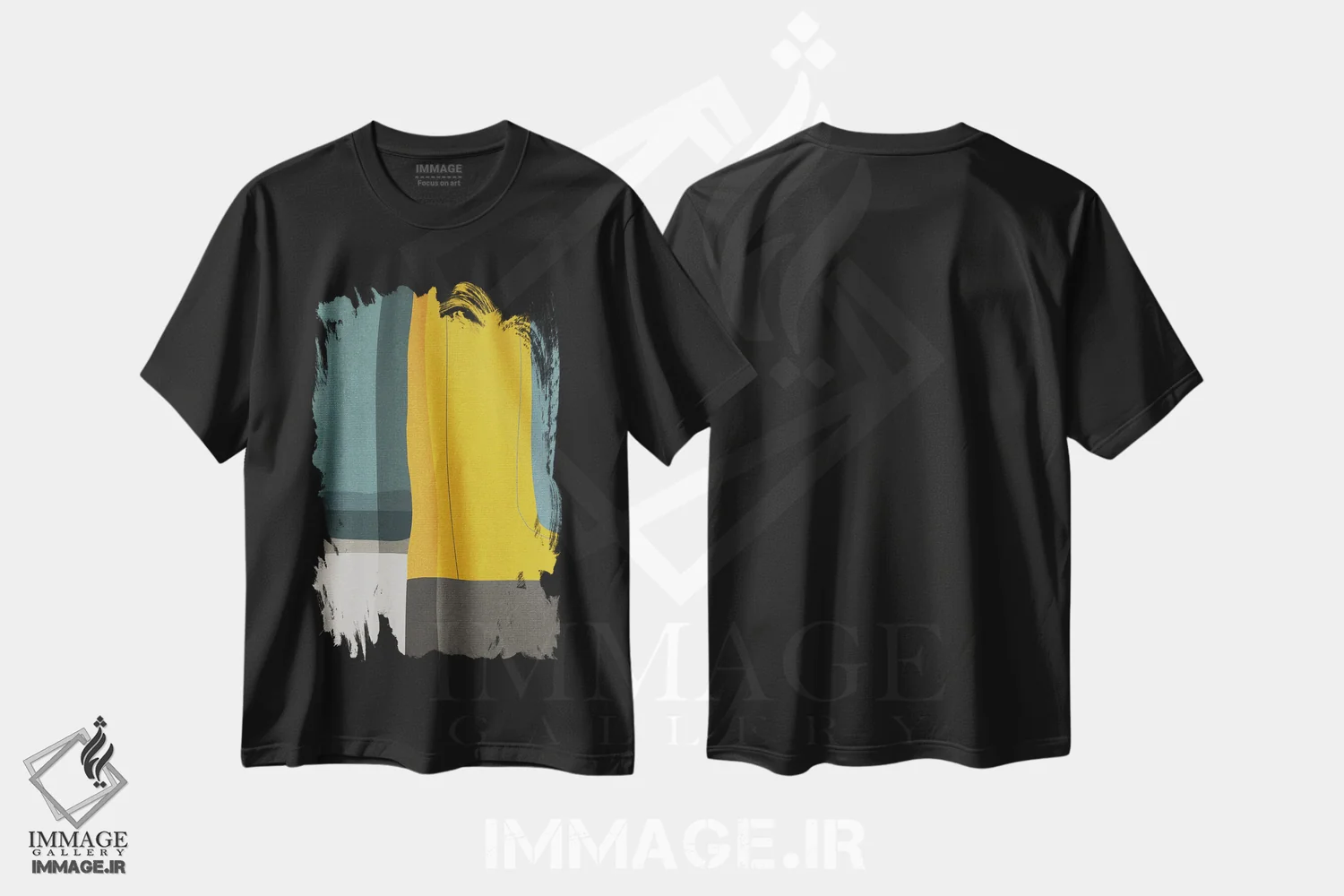 تیشرت مشکی طرح دار ترکیب انتزاعی مدرن با خردلی و فیروزه ای و خاکستری ۱ اثر ام سی دیزاین لب | immage.ir