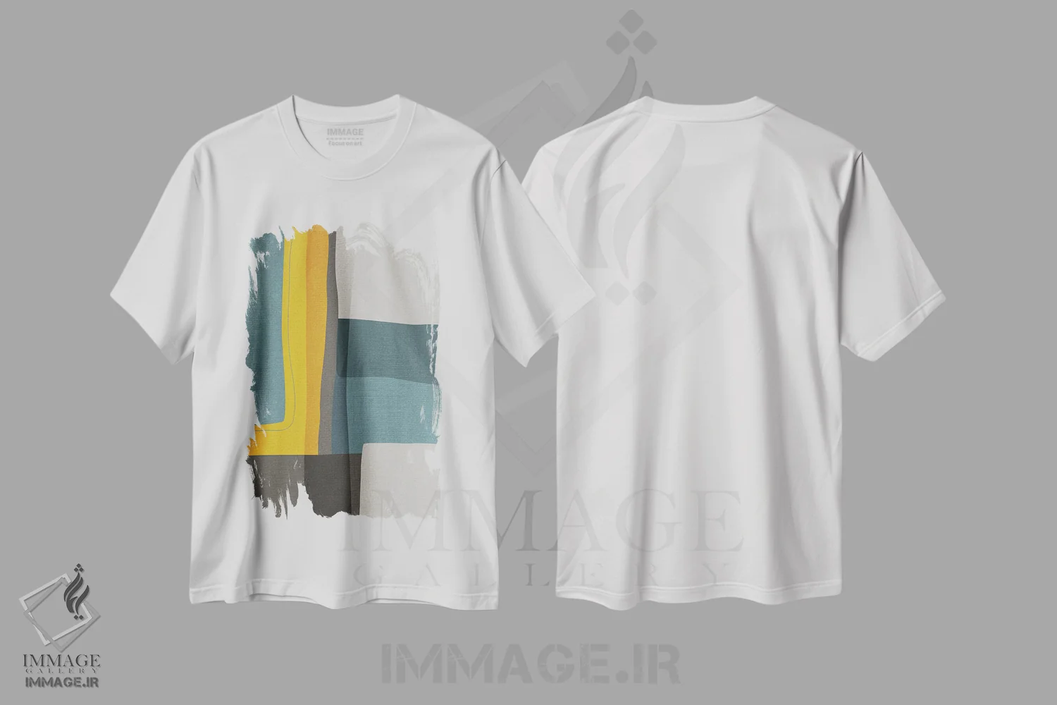 تیشرت سفید طرح دار ترکیب انتزاعی مدرن با خردلی و فیروزه ای و خاکستری ۲ اثر ام سی دیزاین لب | immage.ir