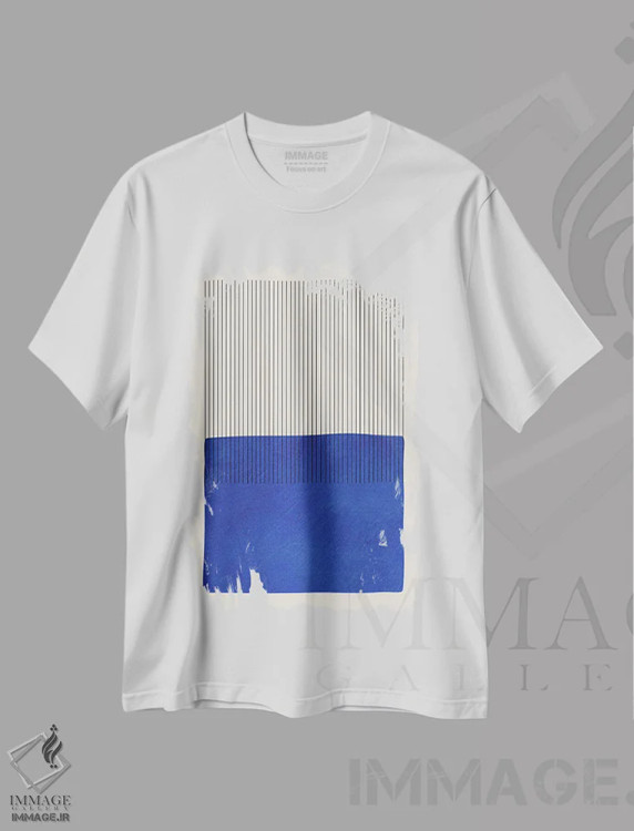 تیشرت سفید طرح دار خطوط عمودی آبی ماتیس اثر ام سی دیزاین لب | فروشگاه ایماژ