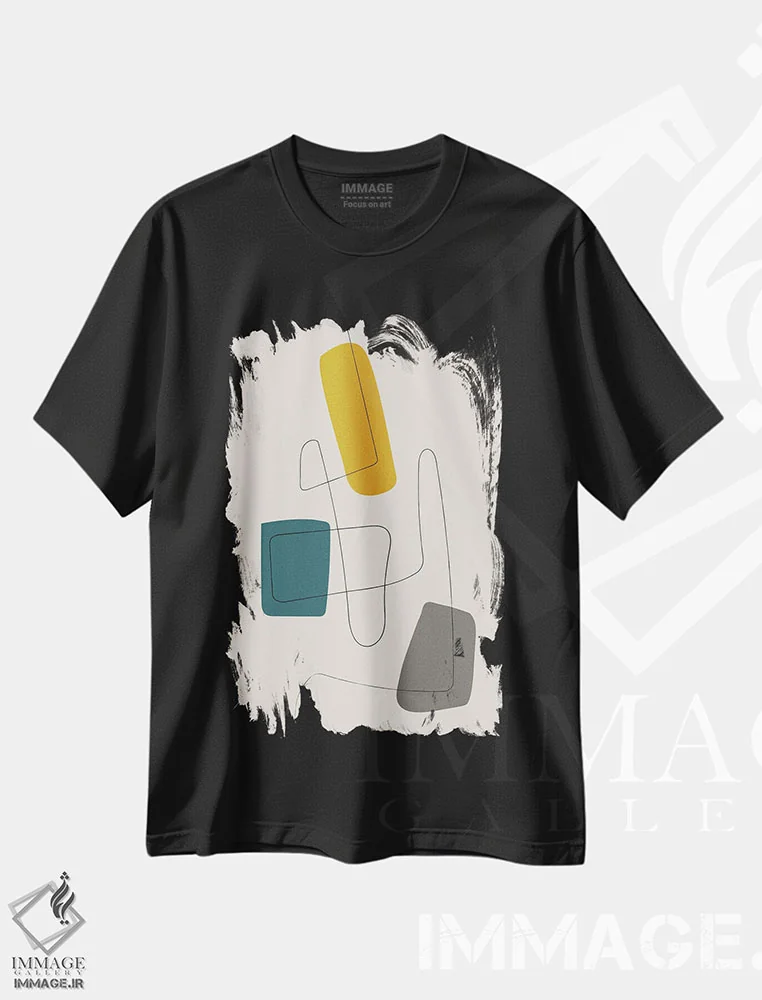 تیشرت مشکی طرح دار خط مینیمال خردلی و فیروزه ای و خاکستری اثر ام سی دیزاین لب | فروشگاه ایماژ