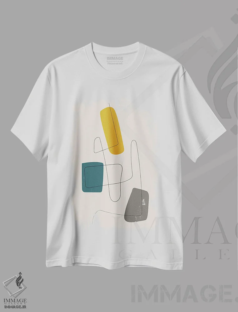 تیشرت سفید طرح دار خط مینیمال خردلی و فیروزه ای و خاکستری اثر ام سی دیزاین لب | immage.ir