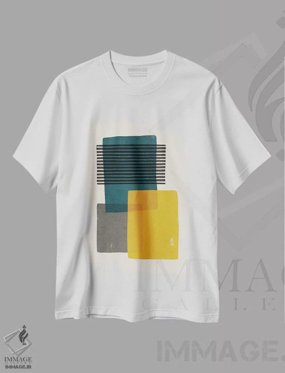 تیشرت سفید طرح دار مدرن خردلی فیروزه ای خاکستری ۱ اثر ام سی دیزاین لب | فروشگاه ایماژ