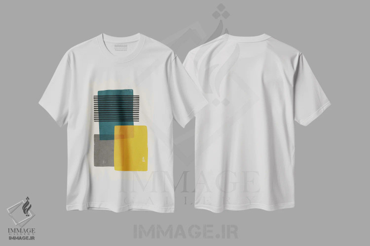 تیشرت سفید طرح دار مدرن خردلی فیروزه ای خاکستری ۱ اثر ام سی دیزاین لب | فروشگاه ایماژ