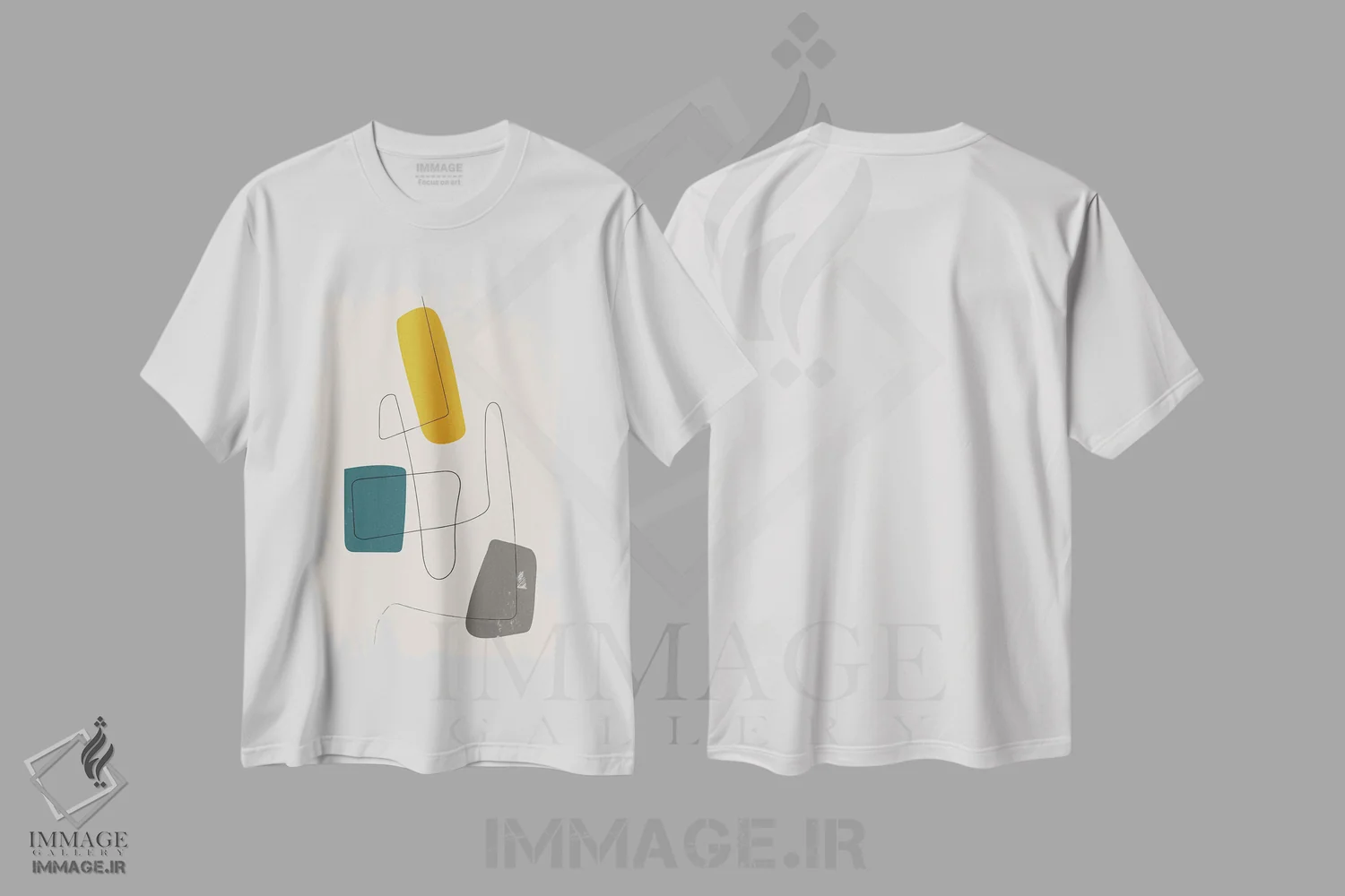 تیشرت سفید طرح دار خط مینیمال خردلی و فیروزه ای و خاکستری اثر ام سی دیزاین لب | immage.ir