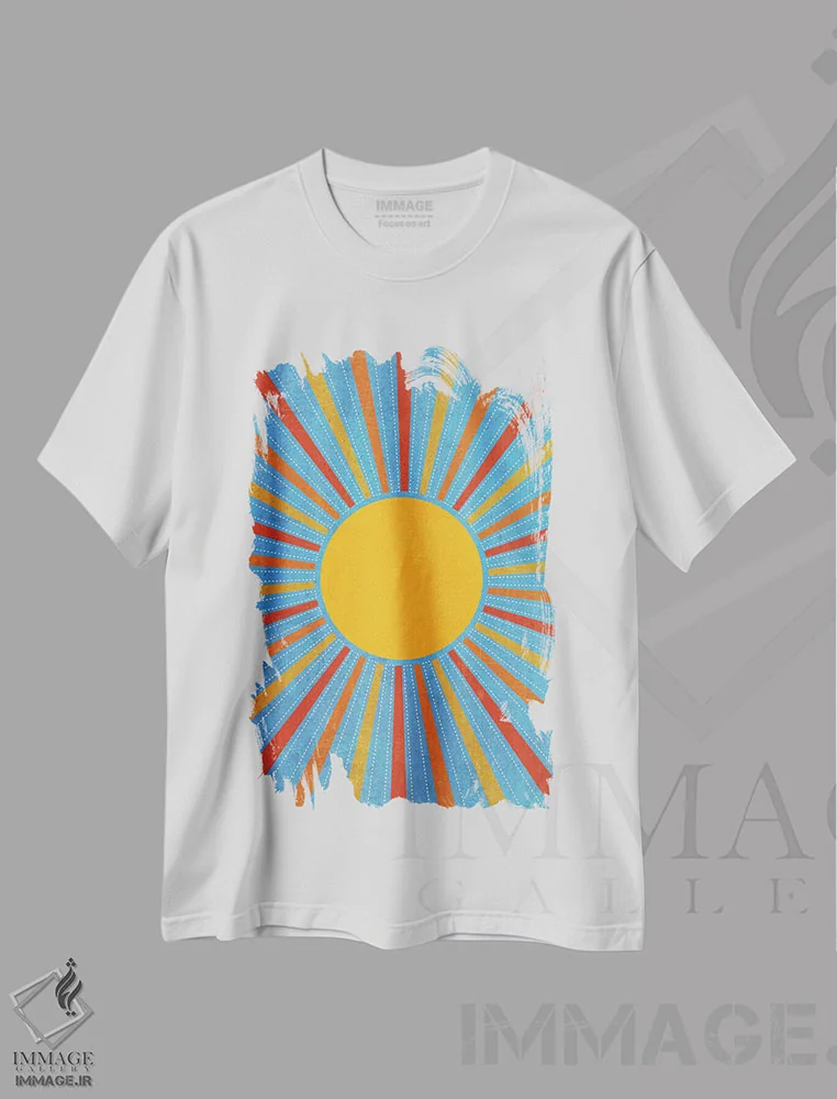 تیشرت سفید طرح دار خورشید زرد قدیمی با پرتوهای نور، آبستره اثر ام سی دیزاین لب | فروشگاه ایماژ