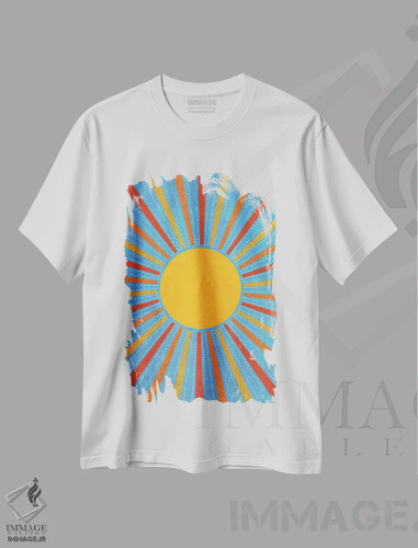 تیشرت سفید طرح دار خورشید زرد قدیمی با پرتوهای نور، آبستره اثر ام سی دیزاین لب | فروشگاه ایماژ