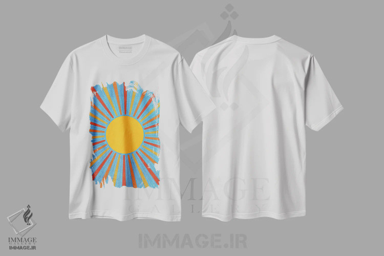تیشرت سفید طرح دار خورشید زرد قدیمی با پرتوهای نور، آبستره اثر ام سی دیزاین لب | فروشگاه ایماژ