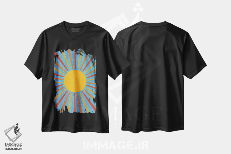 تیشرت مشکی طرح دار خورشید زرد قدیمی با پرتوهای نور، آبستره اثر ام سی دیزاین لب | immage.ir