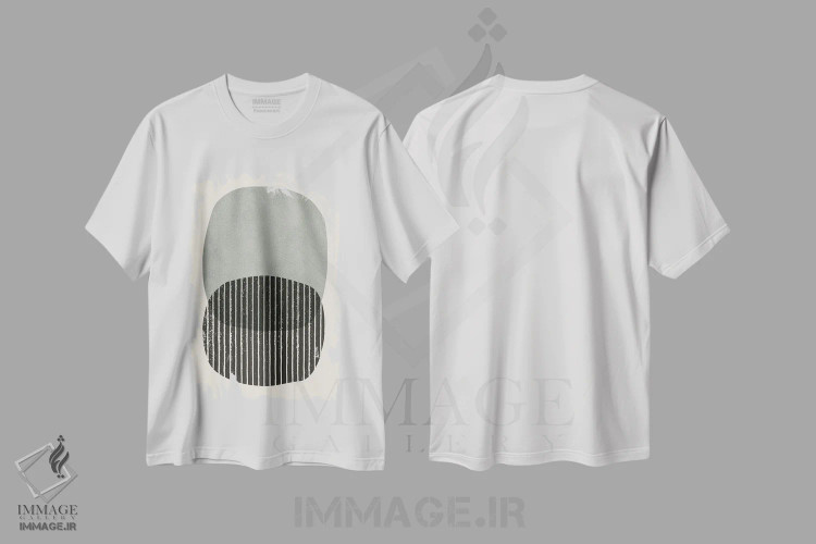تیشرت سفید طرح دار دایره های سیاه و خاکستری برجسته اثر ام سی دیزاین لب | فروشگاه ایماژ