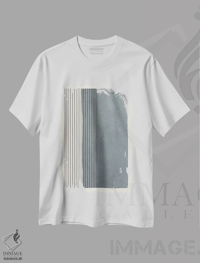 تیشرت سفید طرح دار بلوک های رنگی خاکستری با خطوط عمودی اثر ام سی دیزاین لب | فروشگاه ایماژ