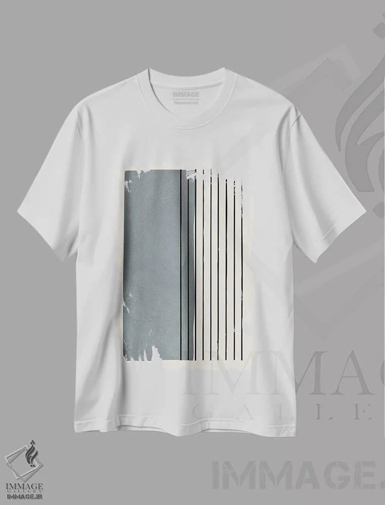 تیشرت سفید طرح دار بلوک خاکستری مینیمال با خط مشکی اثر ام سی دیزاین لب | immage.ir