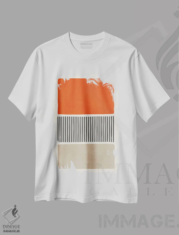 تیشرت سفید طرح دار سایه های برجسته نارنجی روشن، بژ و مشکی اثر ام سی دیزاین لب | immage.ir