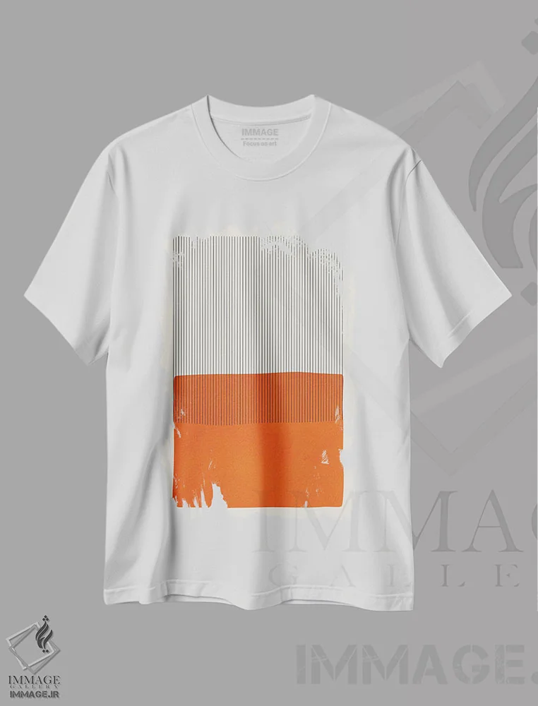 تیشرت سفید طرح دار خطوط مشکی با رنگ نارنجی پاپ روشن اثر ام سی دیزاین لب | فروشگاه ایماژ