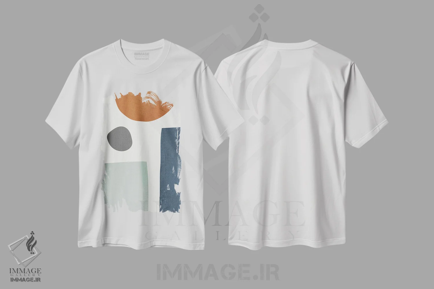 تیشرت سفید طرح دار انتزاعی با سرمه ای، خاکستری و نارنجی سوخته اثر ام سی دیزاین لب | immage.ir