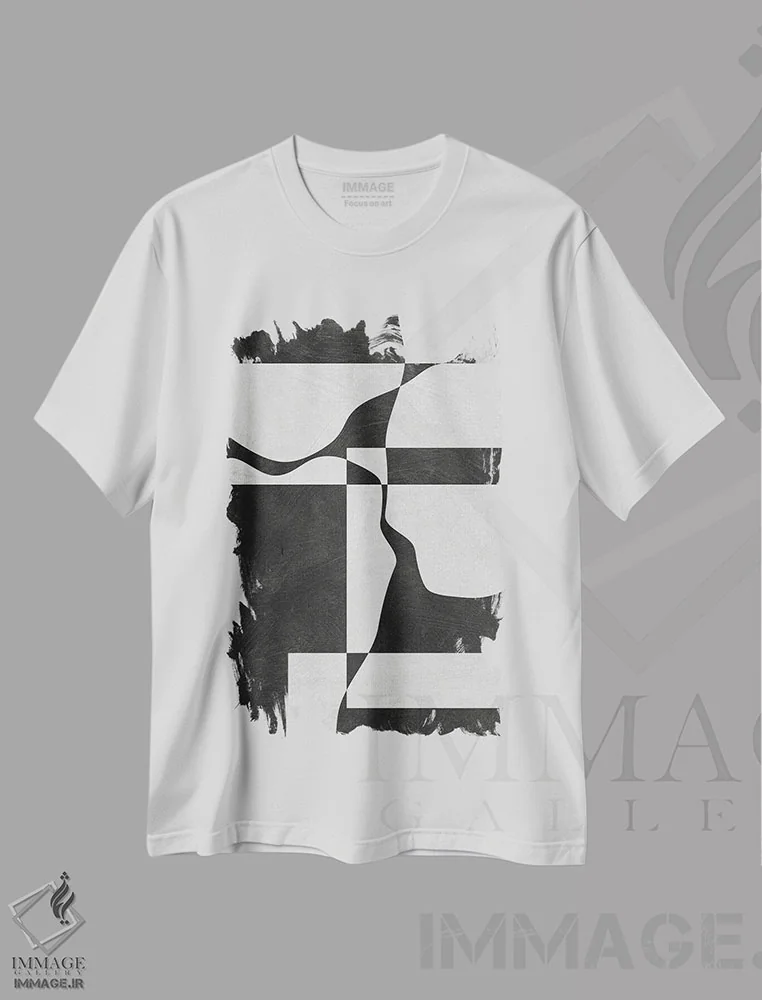 تیشرت سفید طرح دار اشکال سه سر مینیمال سیاه و سفید اثر ام سی دیزاین لب | immage.ir
