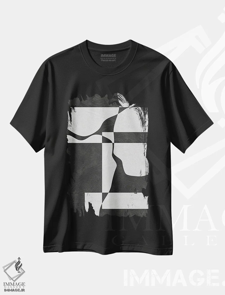 تیشرت مشکی طرح دار اشکال سه سر مینیمال سیاه و سفید اثر ام سی دیزاین لب | فروشگاه ایماژ