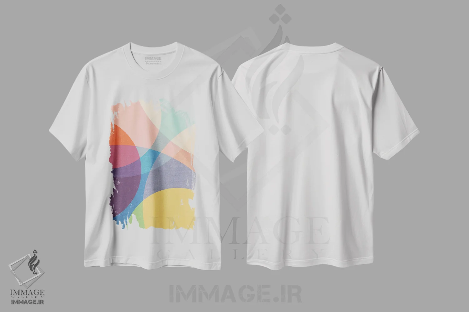 تیشرت سفید طرح دار دایره های رنگارنگ انتزاعی ۲ اثر ام سی دیزاین لب | immage.ir