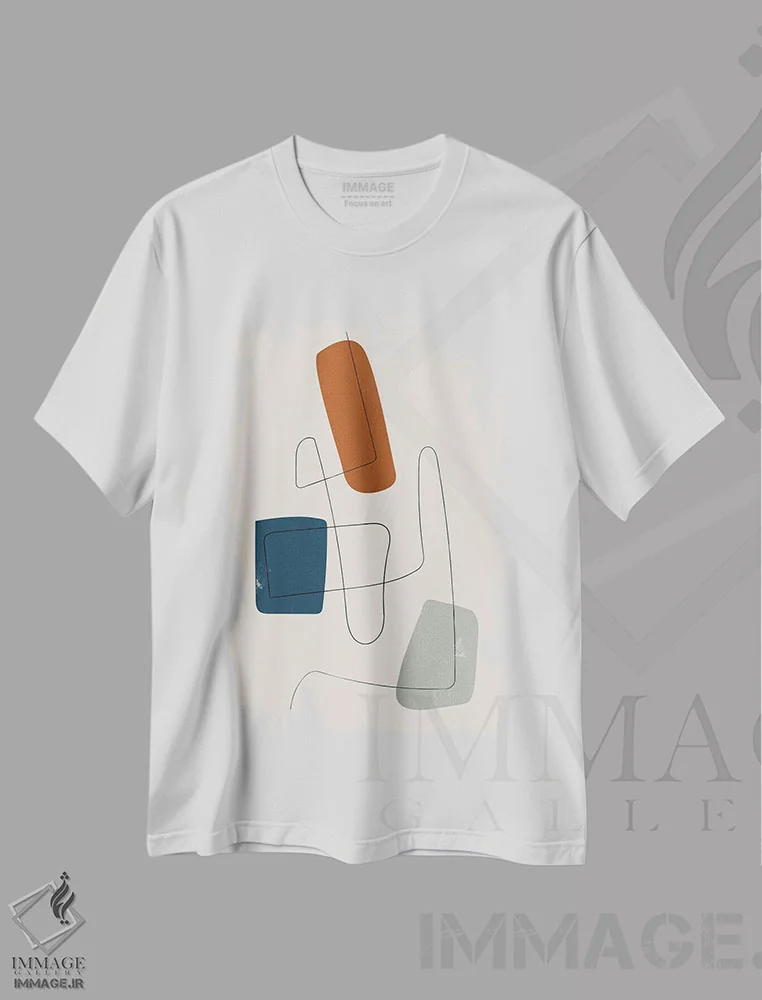 تیشرت سفید طرح دار خط مینیمال سرمه ای، خاکستری و نارنجی سوخته اثر ام سی دیزاین لب | فروشگاه ایماژ