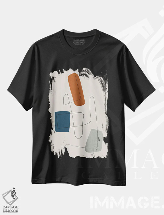 تیشرت مشکی طرح دار خط مینیمال سرمه ای، خاکستری و نارنجی سوخته اثر ام سی دیزاین لب | immage.ir