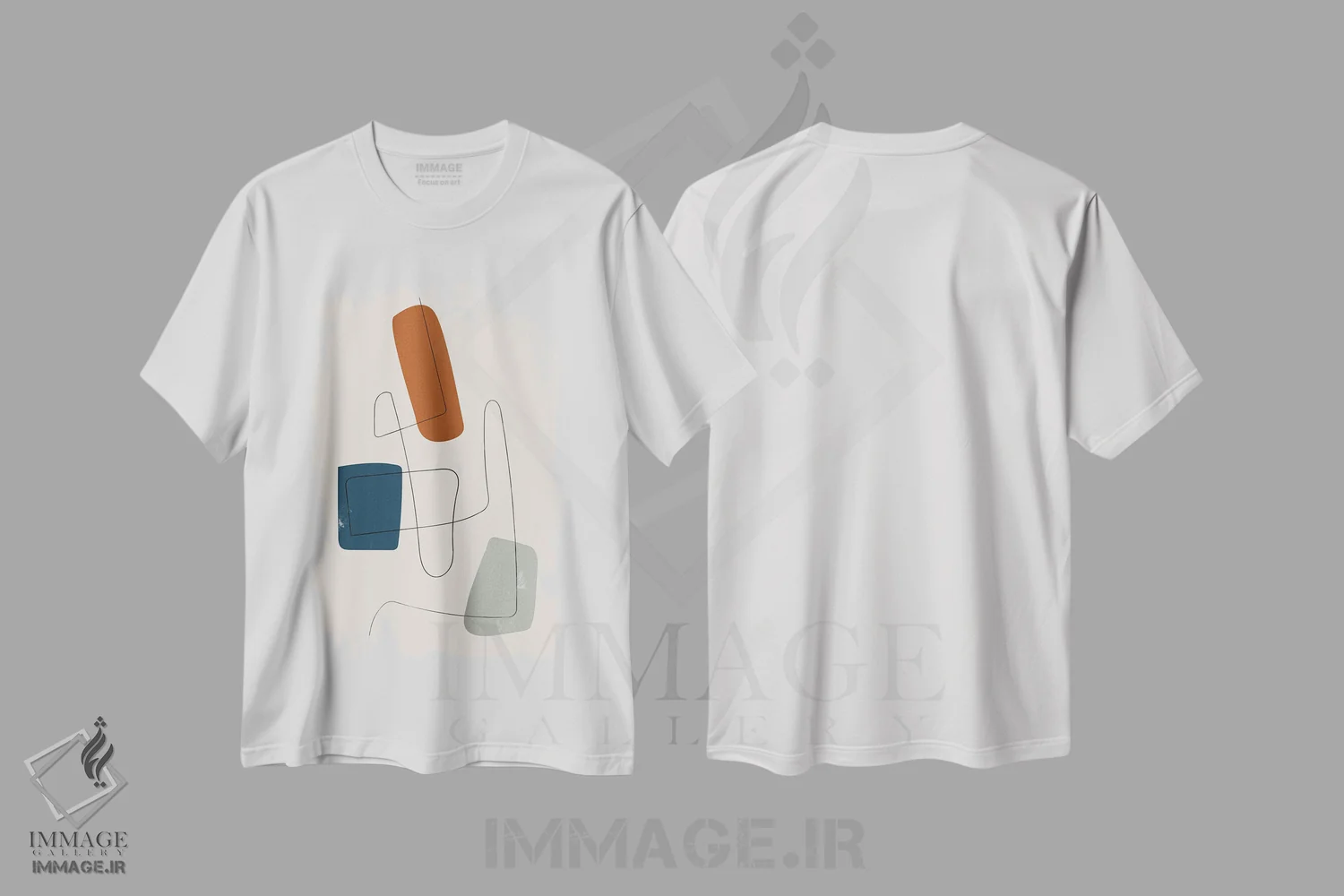 تیشرت سفید طرح دار خط مینیمال سرمه ای، خاکستری و نارنجی سوخته اثر ام سی دیزاین لب | فروشگاه ایماژ