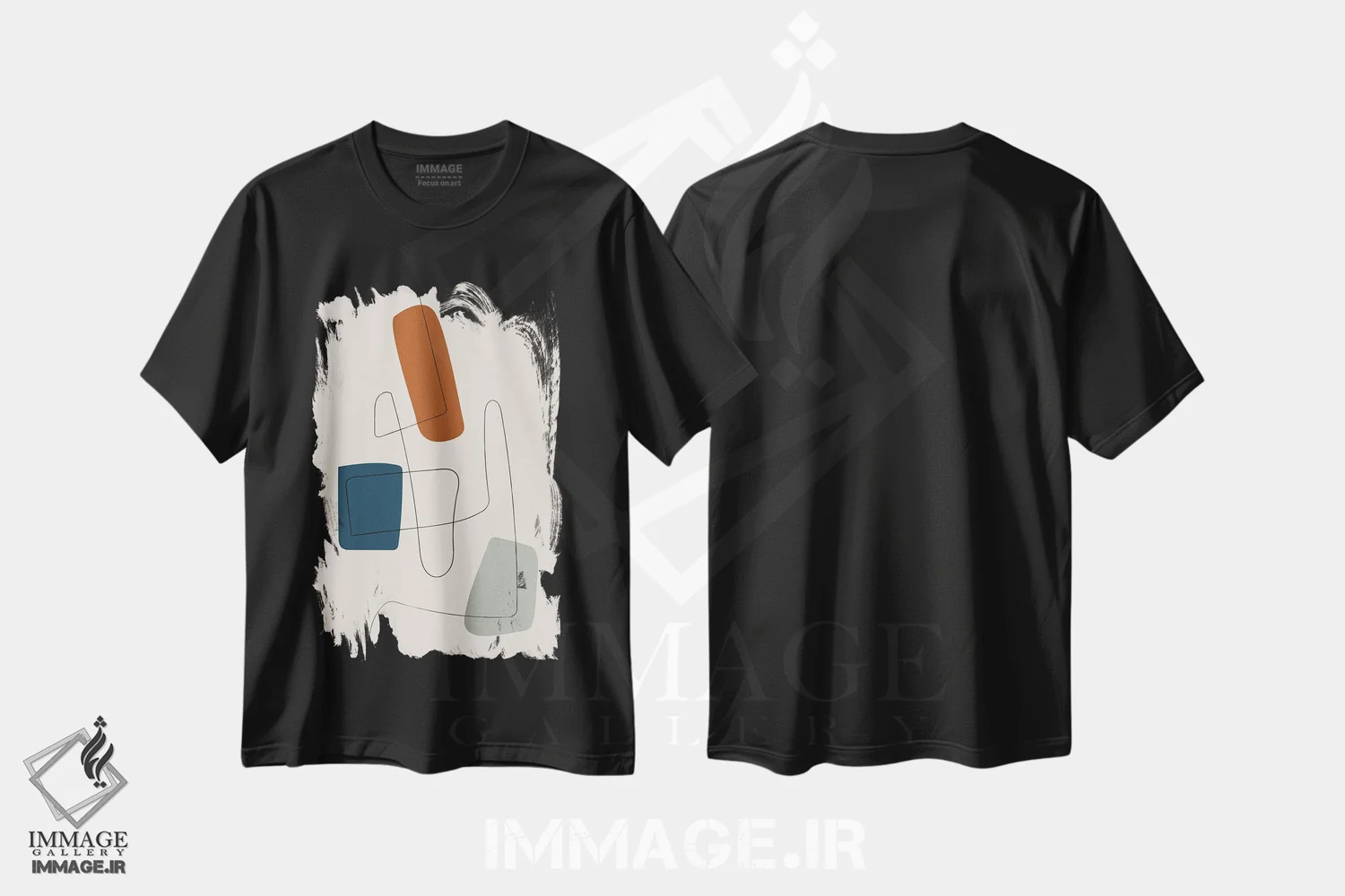 تیشرت مشکی طرح دار خط مینیمال سرمه ای، خاکستری و نارنجی سوخته اثر ام سی دیزاین لب | immage.ir