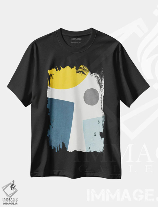 تیشرت مشکی طرح دار انتزاعی آبی و زرد ۱ اثر ام سی دیزاین لب | فروشگاه ایماژ