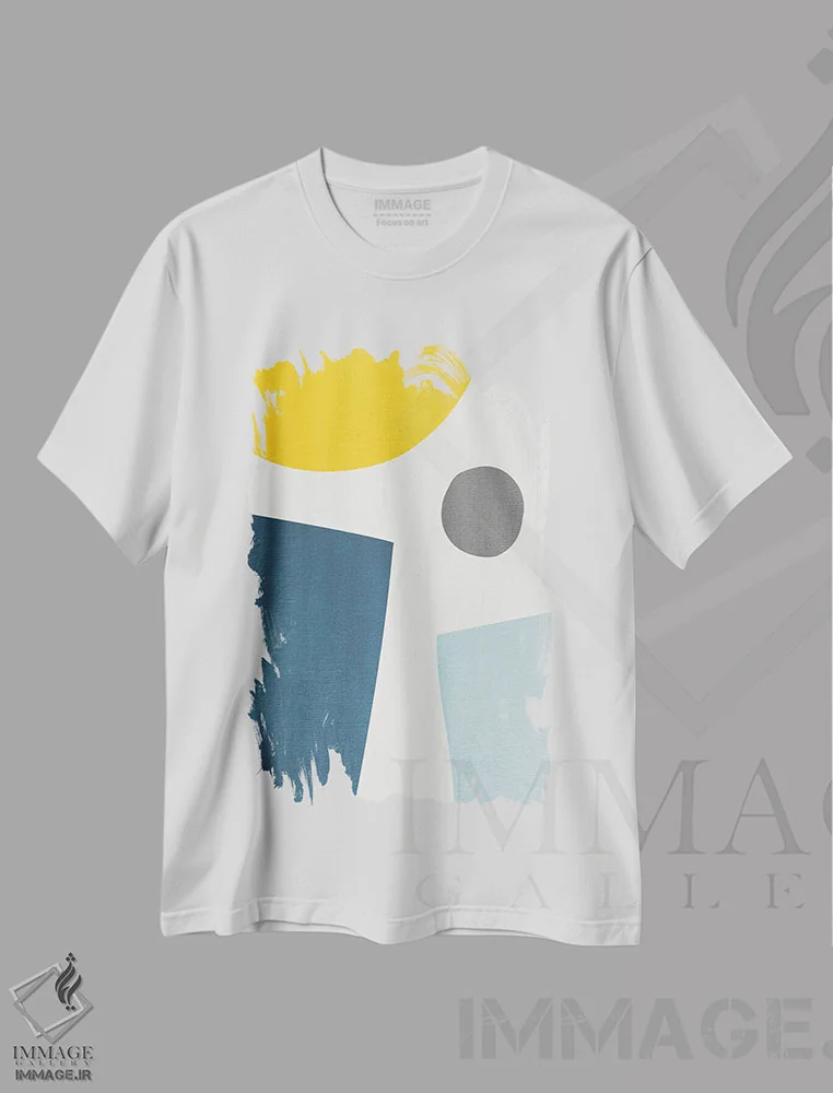 تیشرت سفید طرح دار انتزاعی آبی و زرد ۱ اثر ام سی دیزاین لب | immage.ir