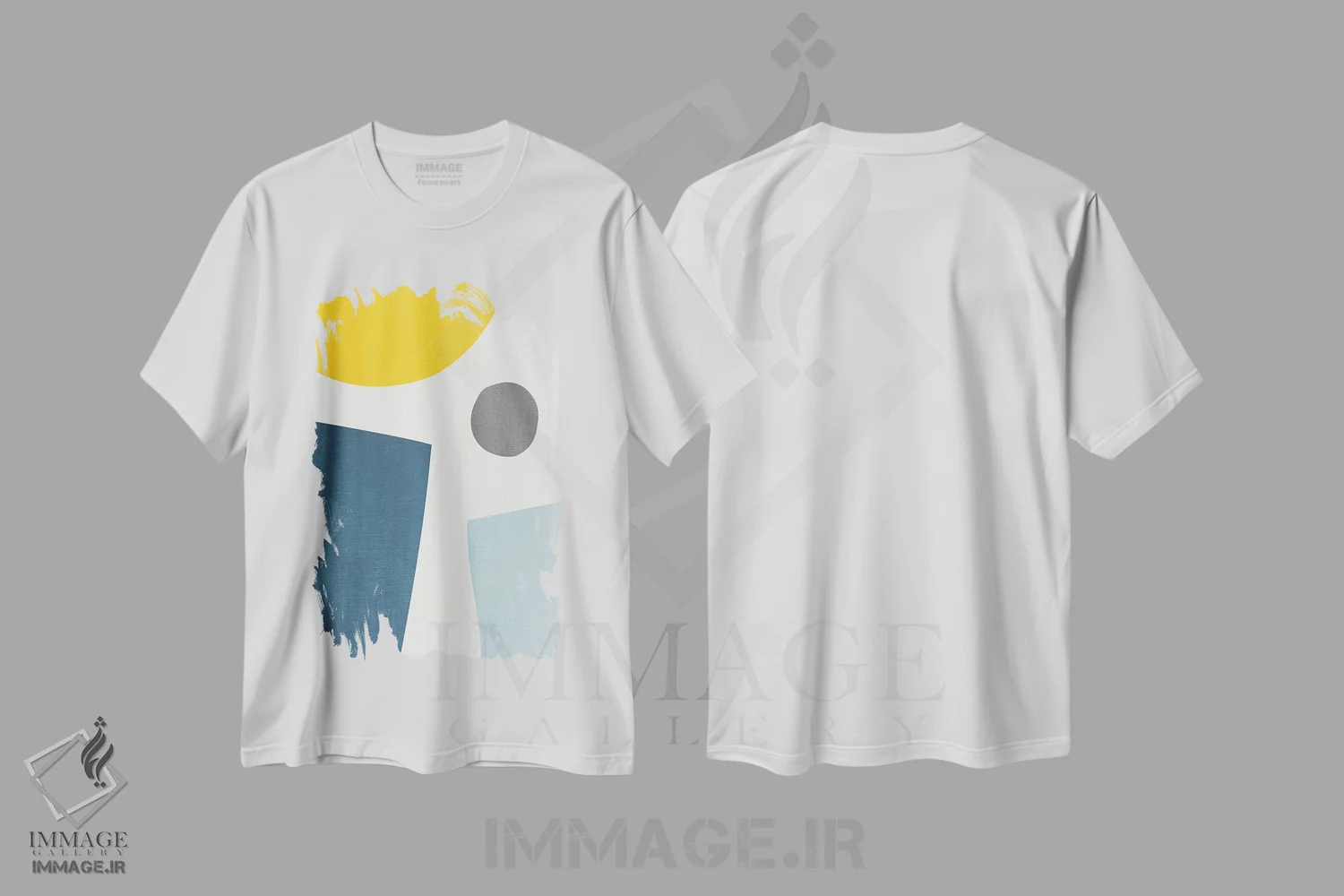تیشرت سفید طرح دار انتزاعی آبی و زرد ۱ اثر ام سی دیزاین لب | immage.ir