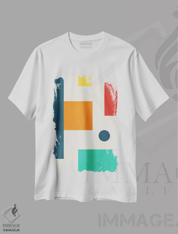 تیشرت سفید طرح دار هندسی رنگارنگ ۱ اثر ام سی دیزاین لب | فروشگاه ایماژ