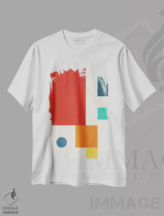 تیشرت سفید طرح دار هندسی رنگارنگ ۳ اثر ام سی دیزاین لب | فروشگاه ایماژ