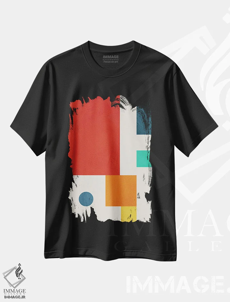 تیشرت مشکی طرح دار هندسی رنگارنگ ۳ اثر ام سی دیزاین لب | immage.ir