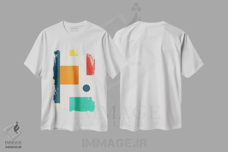 تیشرت سفید طرح دار هندسی رنگارنگ ۱ اثر ام سی دیزاین لب | فروشگاه ایماژ