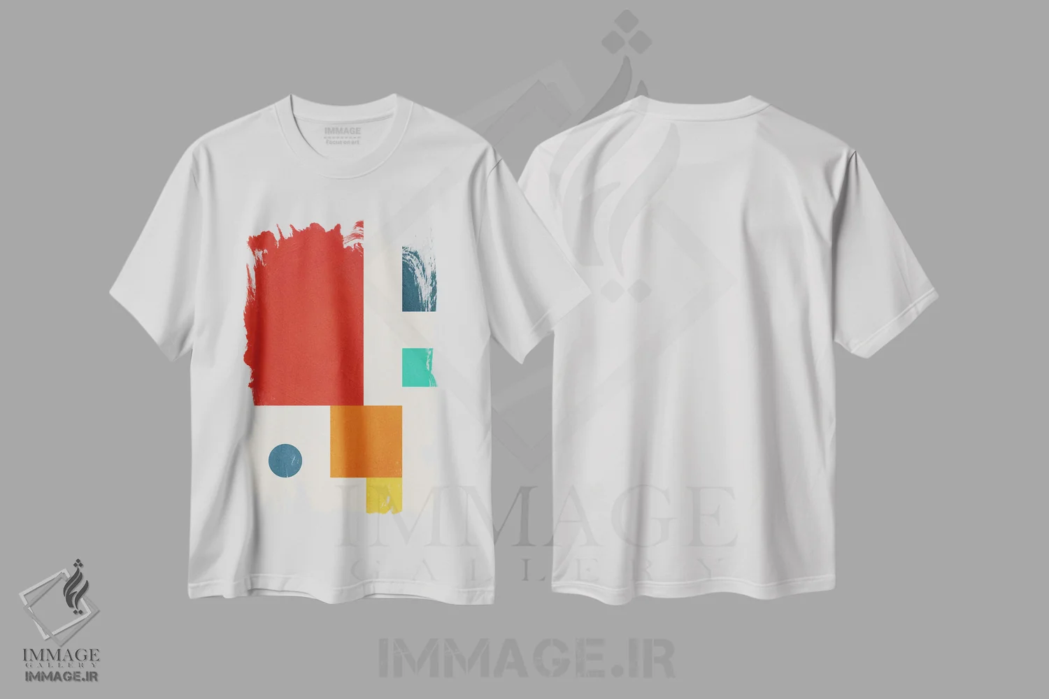 تیشرت سفید طرح دار هندسی رنگارنگ ۳ اثر ام سی دیزاین لب | فروشگاه ایماژ