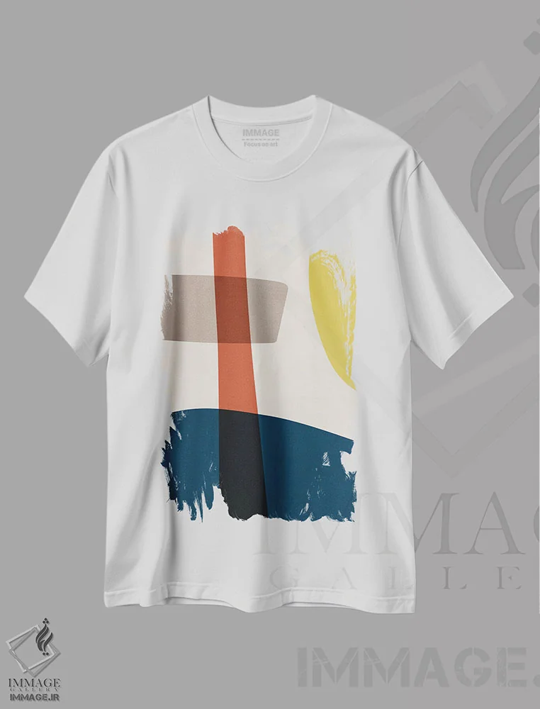 تیشرت سفید طرح دار انتزاعی سرمه ای قرمز زرد بژ اثر ام سی دیزاین لب | فروشگاه ایماژ