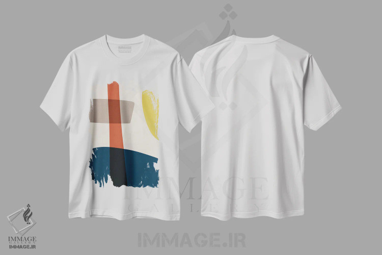 تیشرت سفید طرح دار انتزاعی سرمه ای قرمز زرد بژ اثر ام سی دیزاین لب | فروشگاه ایماژ