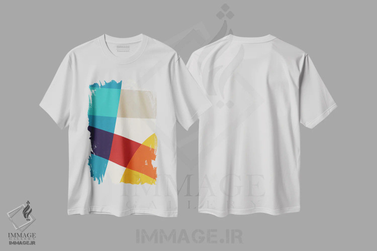 تیشرت سفید طرح دار انتزاعی قرمز زرد آبی بژ ۴ اثر ام سی دیزاین لب | فروشگاه ایماژ