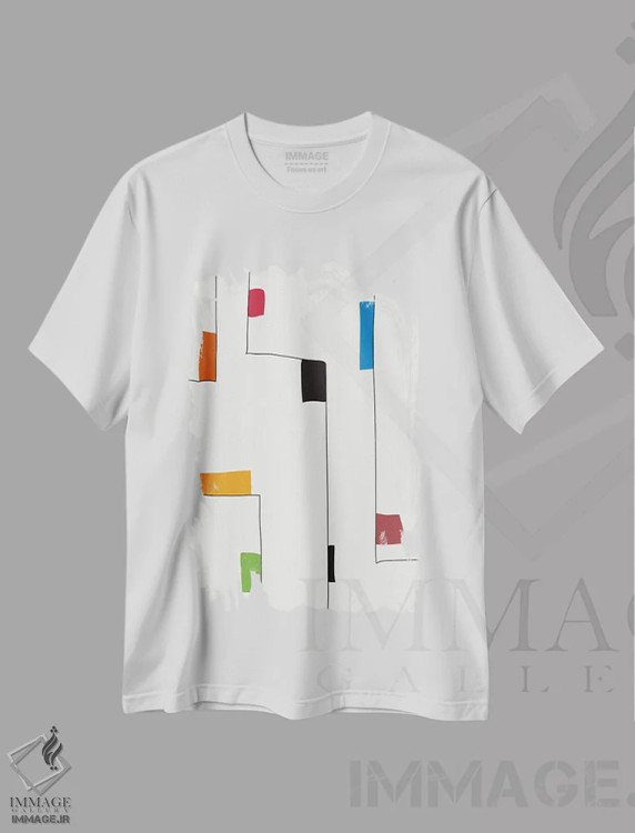 تیشرت سفید طرح دار خطوط و رنگ های مینیمال ۱ اثر ام سی دیزاین لب | immage.ir
