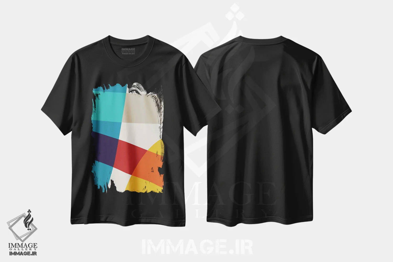 تیشرت مشکی طرح دار انتزاعی قرمز زرد آبی بژ ۴ اثر ام سی دیزاین لب | immage.ir