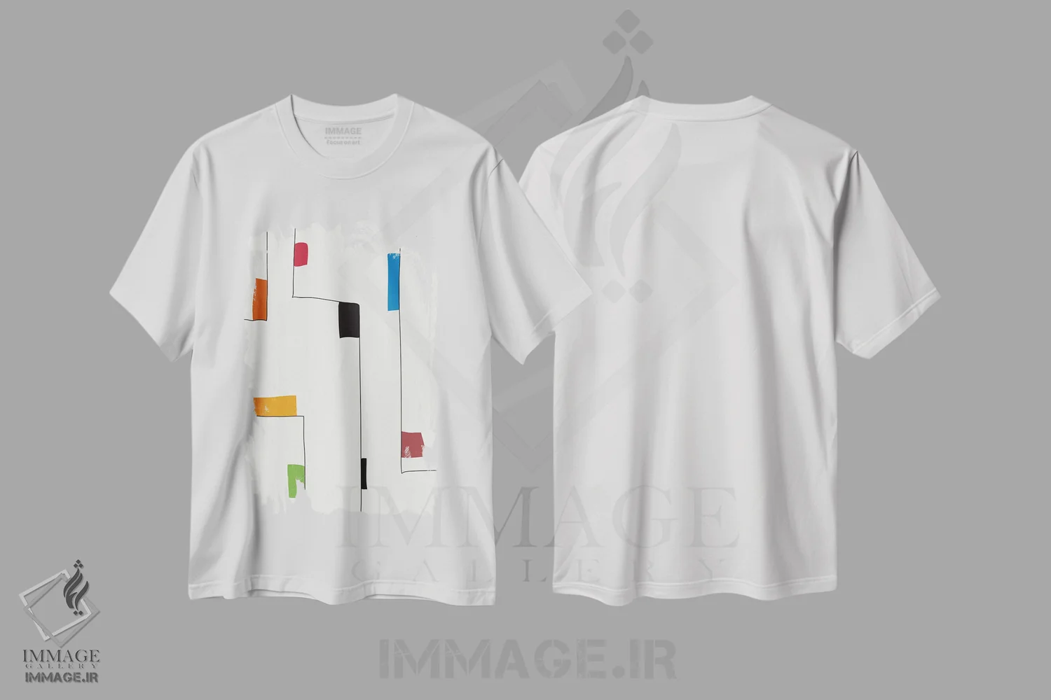 تیشرت سفید طرح دار خطوط و رنگ های مینیمال ۱ اثر ام سی دیزاین لب | immage.ir