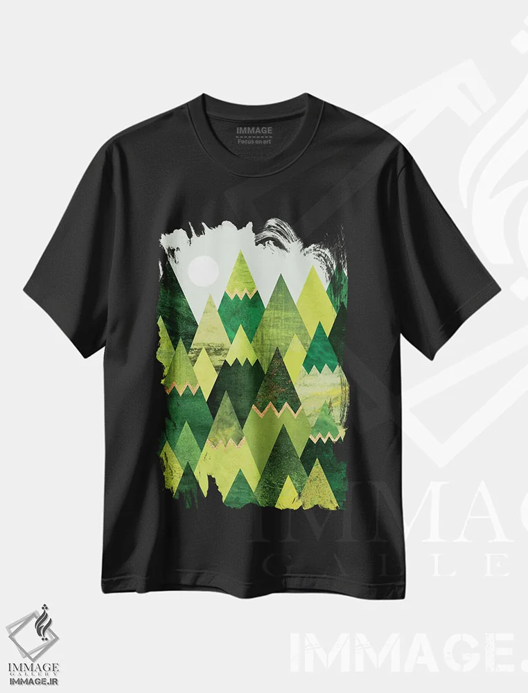 تیشرت مشکی طرح دار کوه های جنگلی، آبستره اثر الیزابت فردریکسون | فروشگاه ایماژ