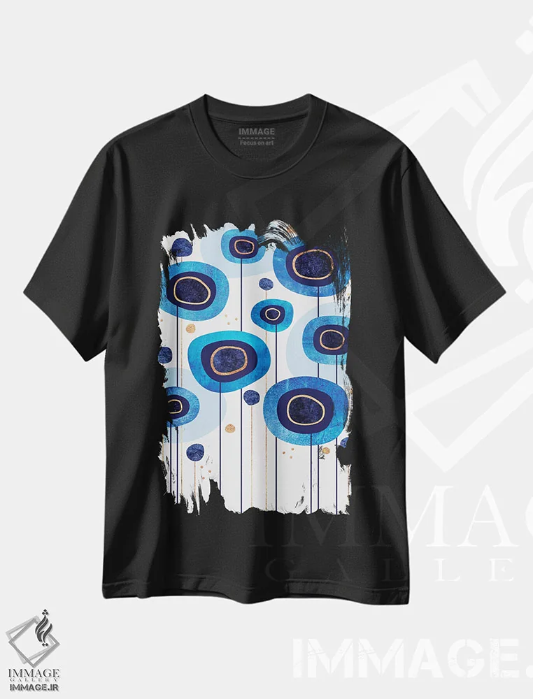 تیشرت مشکی طرح دار آبی های گل دار، آبستره اثر الیزابت فردریکسون | immage.ir