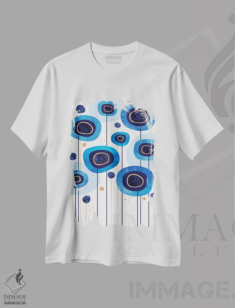 تیشرت سفید طرح دار آبی های گل دار، آبستره اثر الیزابت فردریکسون | فروشگاه ایماژ