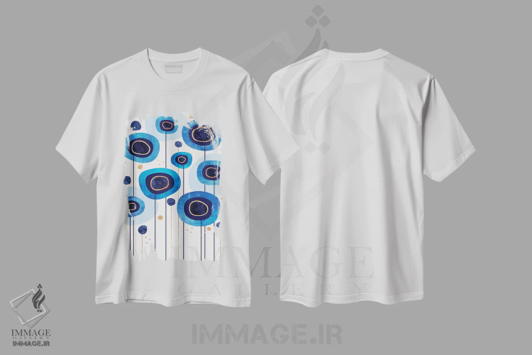 تیشرت سفید طرح دار آبی های گل دار، آبستره اثر الیزابت فردریکسون | فروشگاه ایماژ
