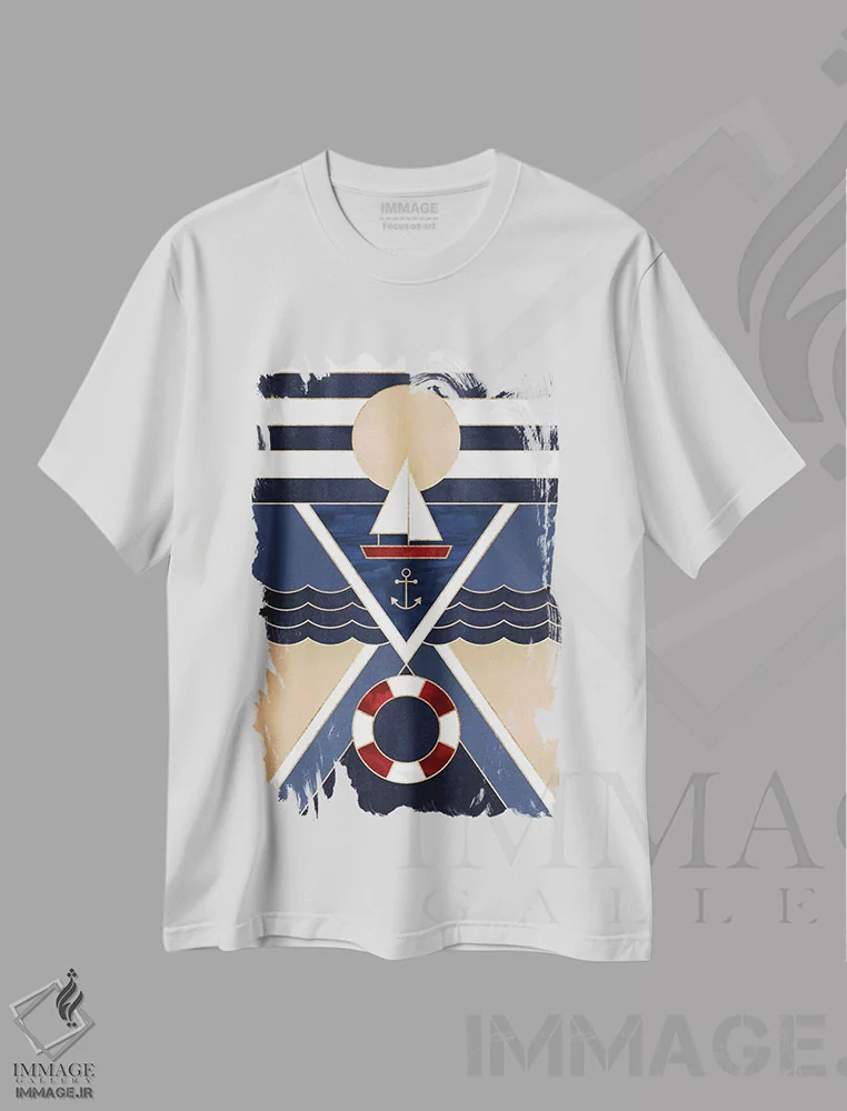 تیشرت سفید طرح دار قایق بادبانی، دکور ساحلی اثر الیزابت فردریکسون | فروشگاه ایماژ