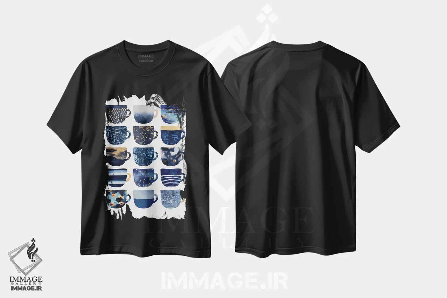 تیشرت مشکی طرح دار فنجان های قهوهٔ آبی زیبا I، تزئینی اثر الیزابت فردریکسون | فروشگاه ایماژ